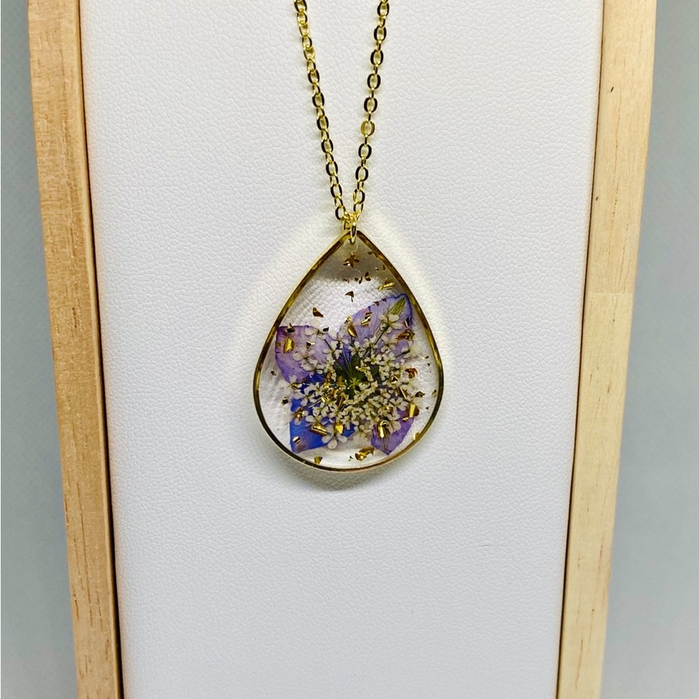 Gold Teardrop Pendant Necklace with Purple and Blue Floral Design
